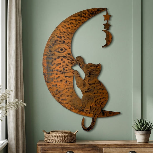 Rustic Metal Cat Crescent Moon Wall Art Hanging Stars Vintage Style Garden Decor