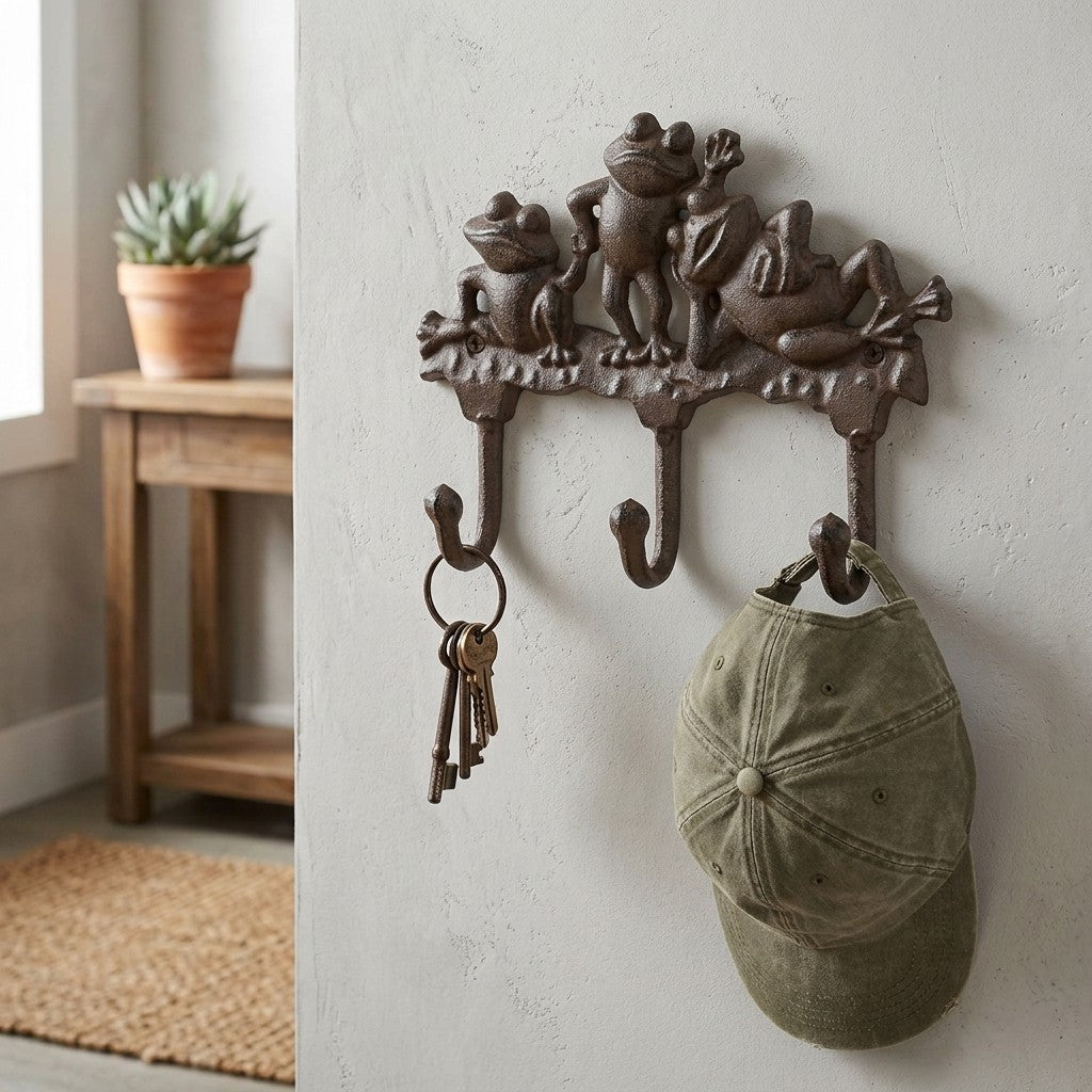 Cast Iron 3 Frogs Wall Hook Rack Keys Towel Coat Cap Hanger Rustic Home Decor