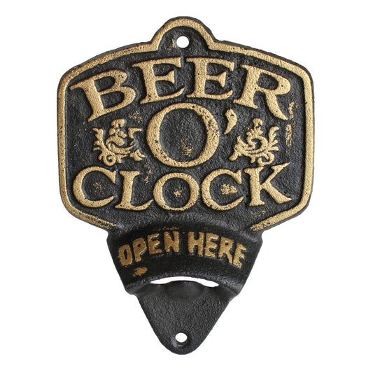 Cast Iron Beer O' Clock Wall Mounted Bottle Opener "Open Here" Bar Vintage Decor