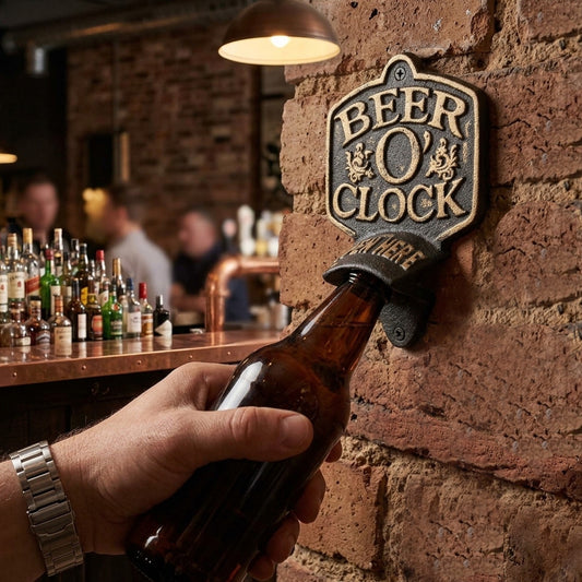Cast Iron Beer O' Clock Wall Mounted Bottle Opener "Open Here" Bar Vintage Decor