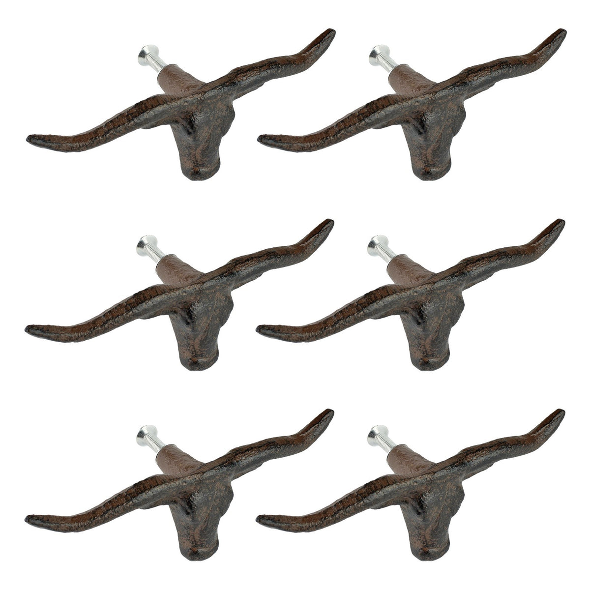 6 Cast Iron Longhorn Bull Head Drawer Knob Pulls Rustic Western Decor 4 3/4 inch