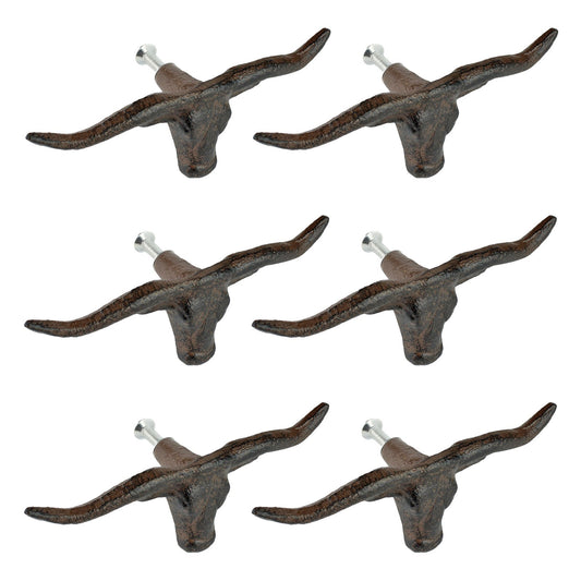 6 Cast Iron Longhorn Bull Head Drawer Knob Pulls Rustic Western Decor 4 3/4 inch