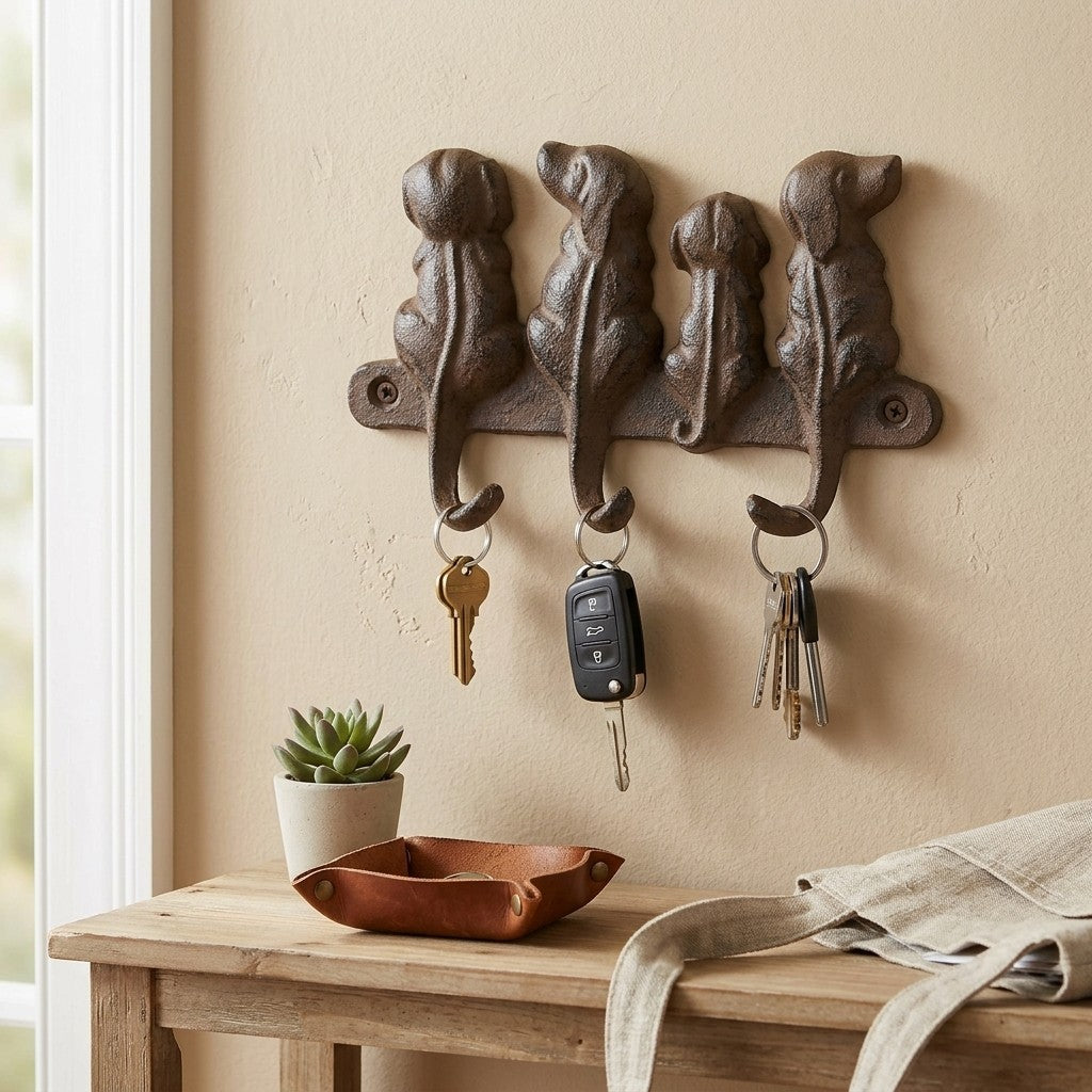 Cast Iron 4 Dogs Wall Hook Rack Rustic Dog Tail Leash Hanger Key Holder Brown
