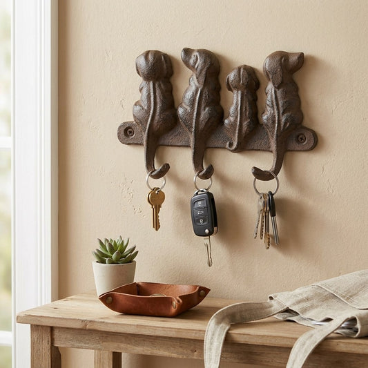Cast Iron 4 Dogs Wall Hook Rack Rustic Dog Tail Leash Hanger Key Holder Brown