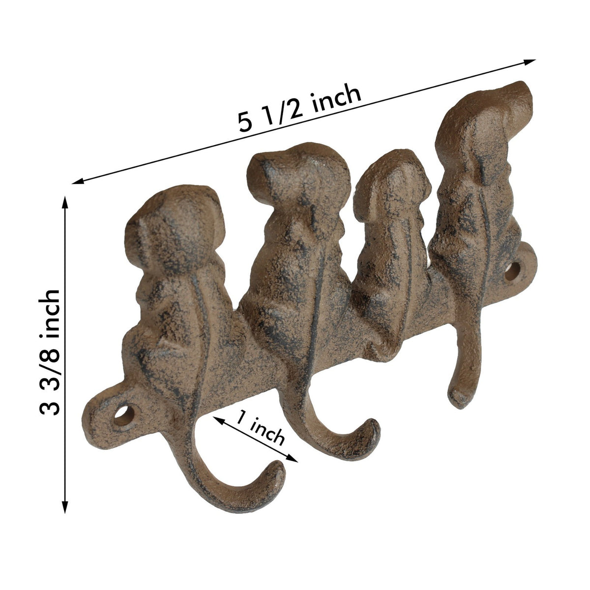 Cast Iron 4 Dogs Wall Hook Rack Rustic Dog Tail Leash Hanger Key Holder Brown