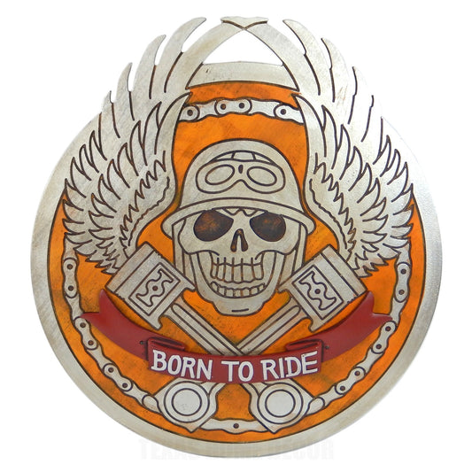 Large Wooden Biker Skull Wall Decor  Born To Ride Wings Pistons Motorcycle 25"