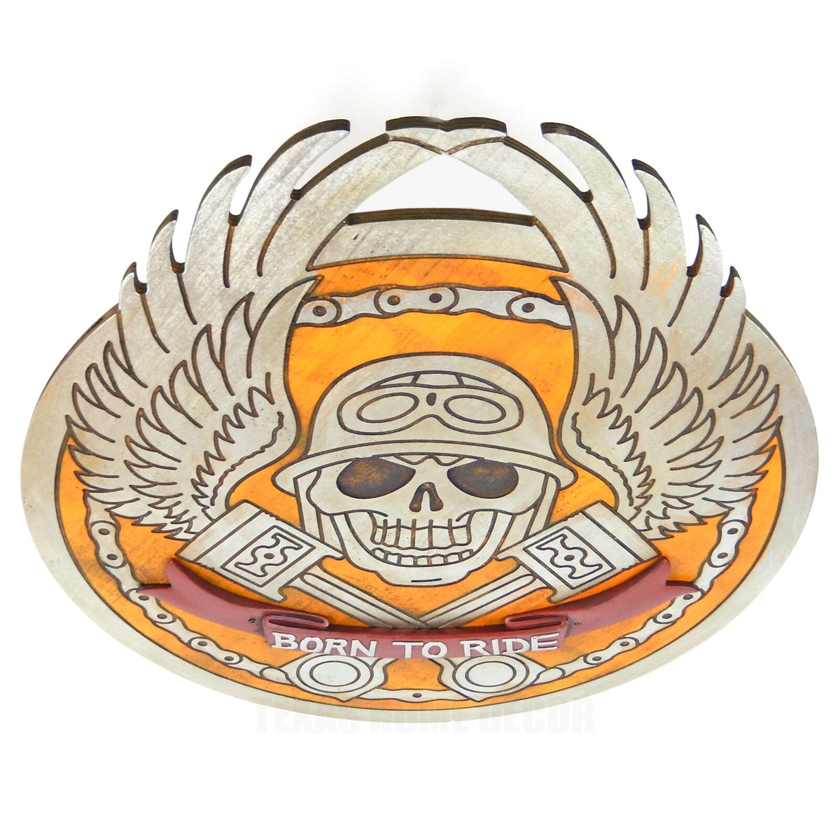 Large Wooden Biker Skull Wall Decor  Born To Ride Wings Pistons Motorcycle 25"