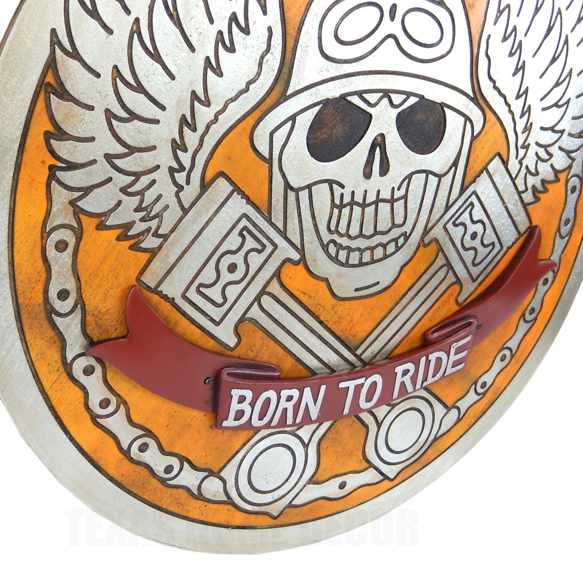 Large Wooden Biker Skull Wall Decor  Born To Ride Wings Pistons Motorcycle 25"