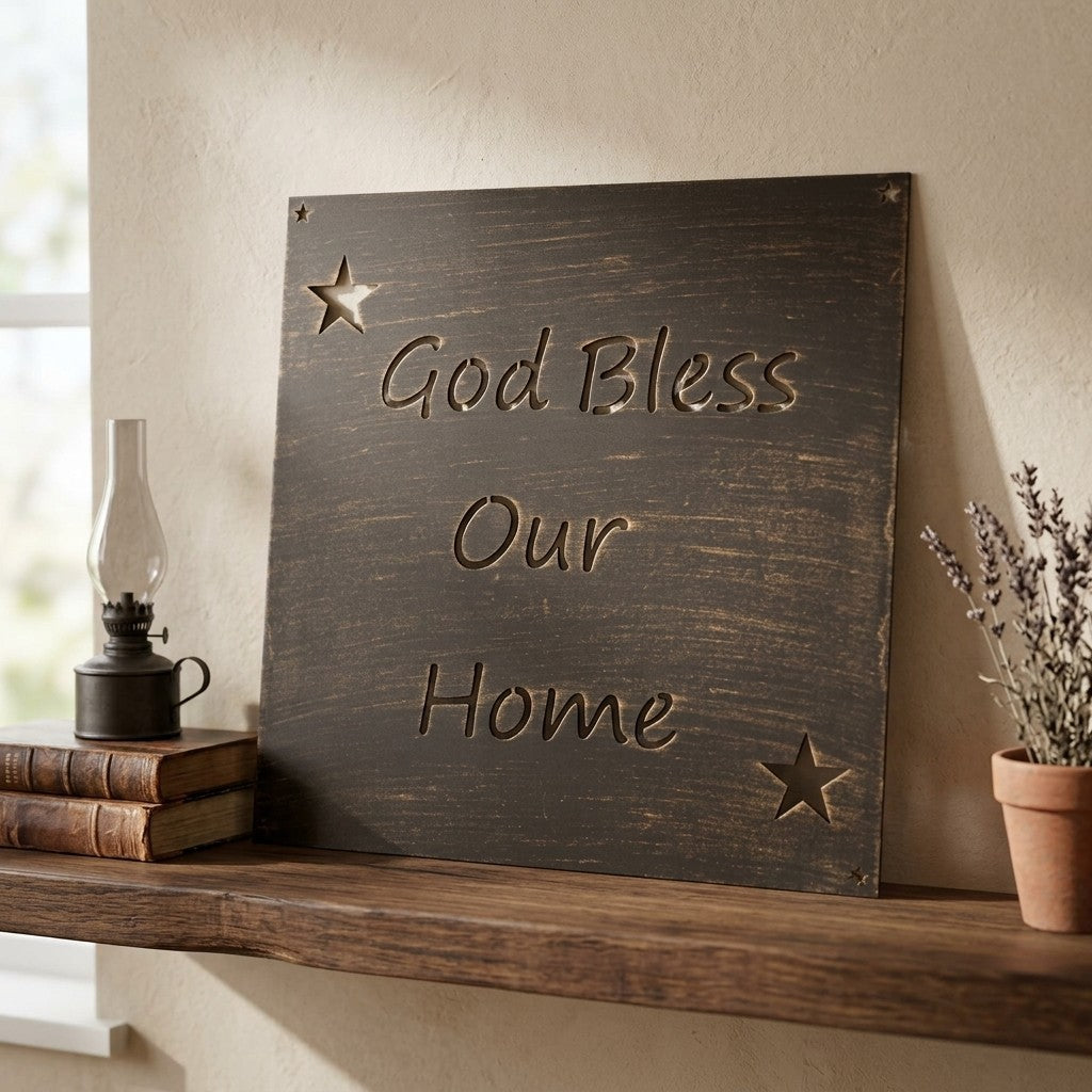 Metal God Bless Our Home Plaque Sign Stars Letter Cutouts Brushed Gold 12 inch