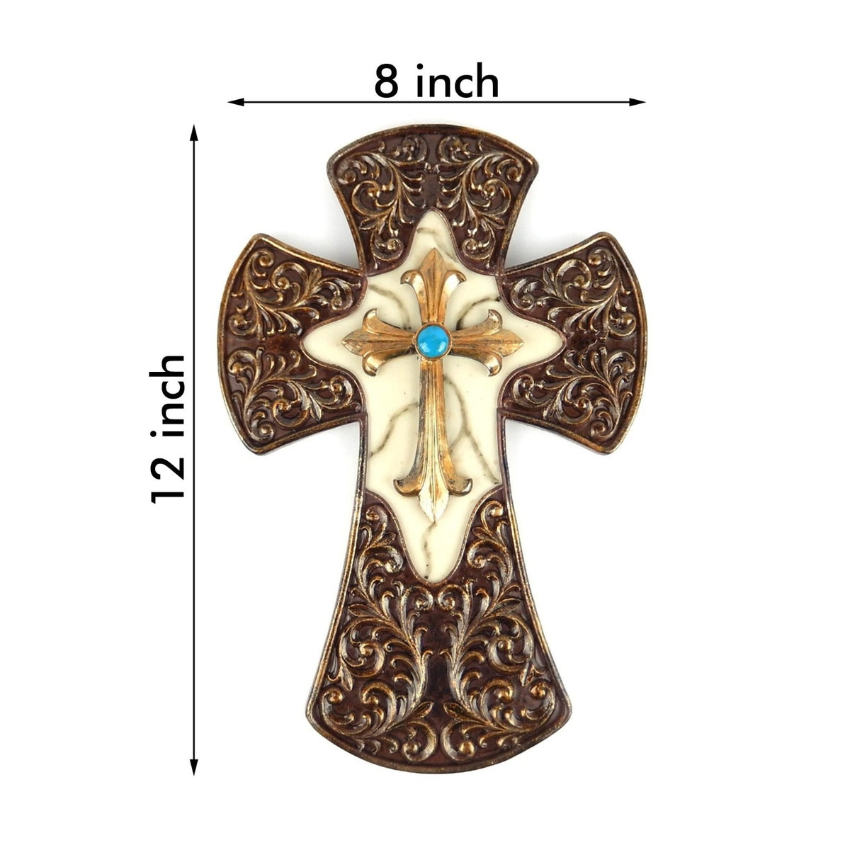 Victorian Ornate Wall Cross Faux Turquoise Marble Floral Fleur De Lis Decor 12"