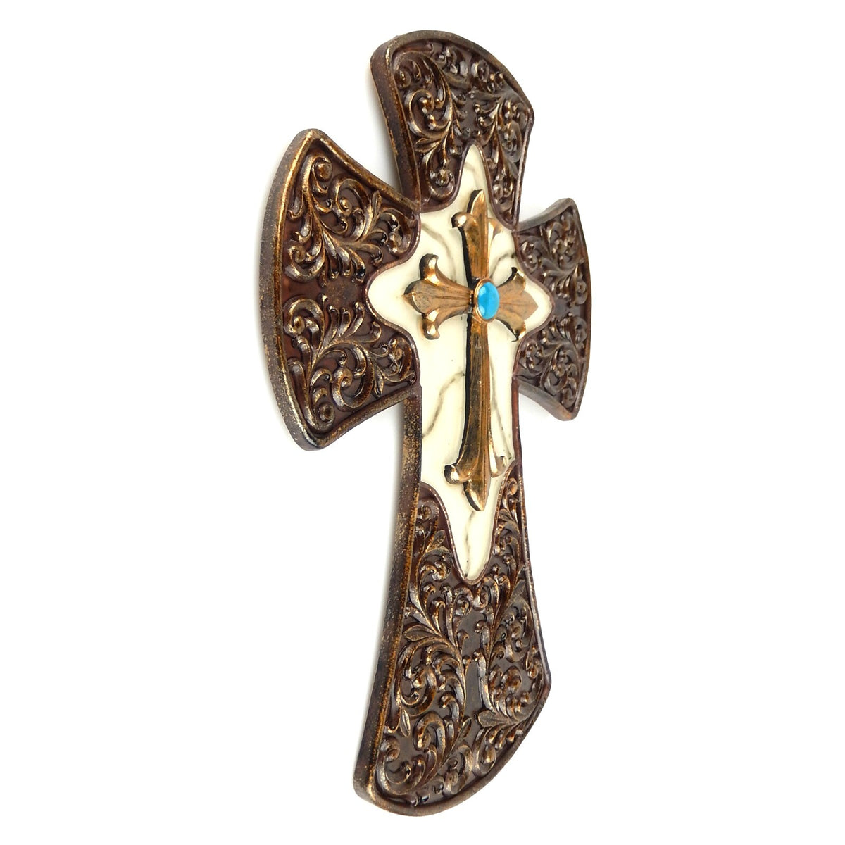 Victorian Ornate Wall Cross Faux Turquoise Marble Floral Fleur De Lis Decor 12"