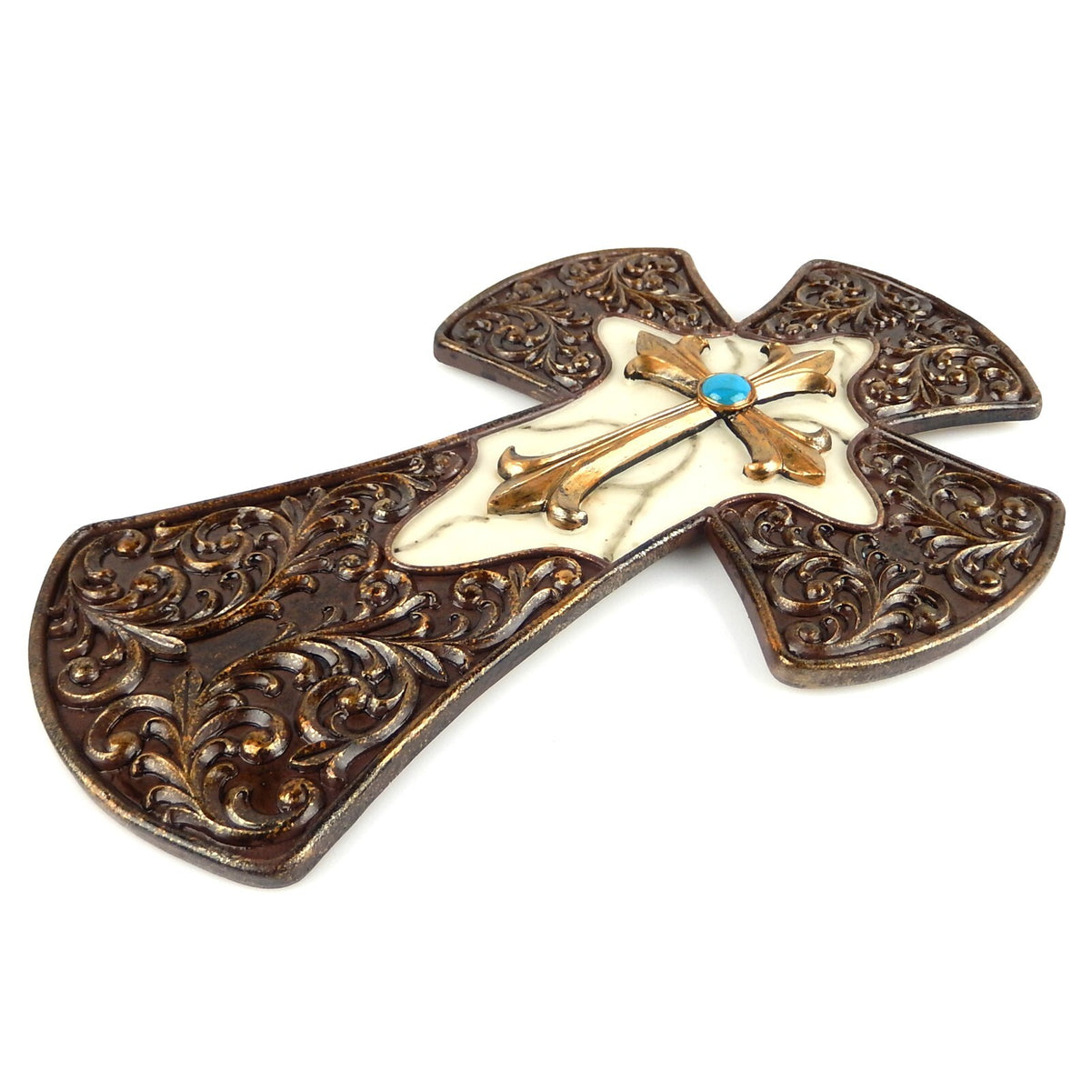 Victorian Ornate Wall Cross Faux Turquoise Marble Floral Fleur De Lis Decor 12"