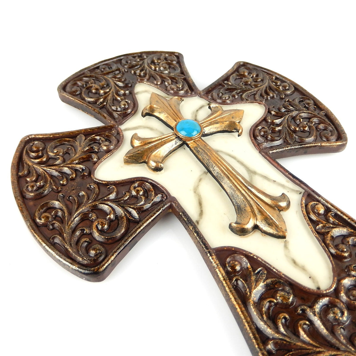 Victorian Ornate Wall Cross Faux Turquoise Marble Floral Fleur De Lis Decor 12"