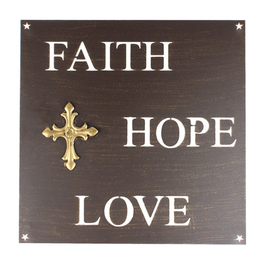 Metal Faith Hope Love Plaque Sign Stars Letter Cutouts Golden Cross 12 x 12 inch