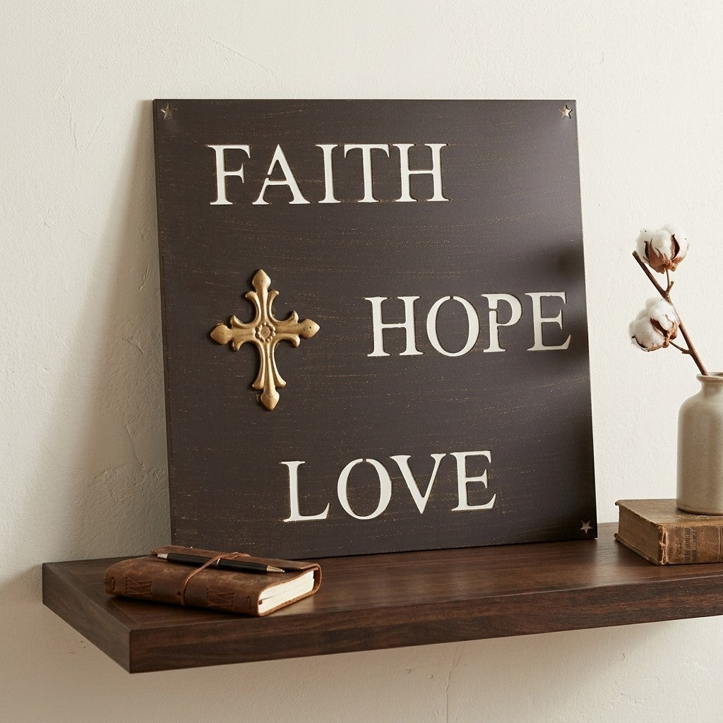 Metal Faith Hope Love Plaque Sign Stars Letter Cutouts Golden Cross 12 x 12 inch