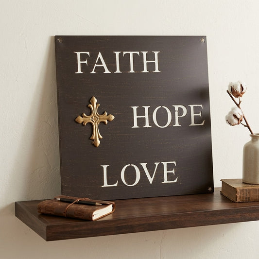 Metal Faith Hope Love Plaque Sign Stars Letter Cutouts Golden Cross 12 x 12 inch