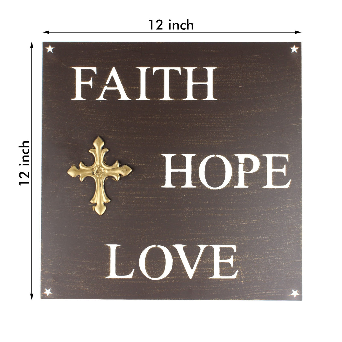 Metal Faith Hope Love Plaque Sign Stars Letter Cutouts Golden Cross 12 x 12 inch