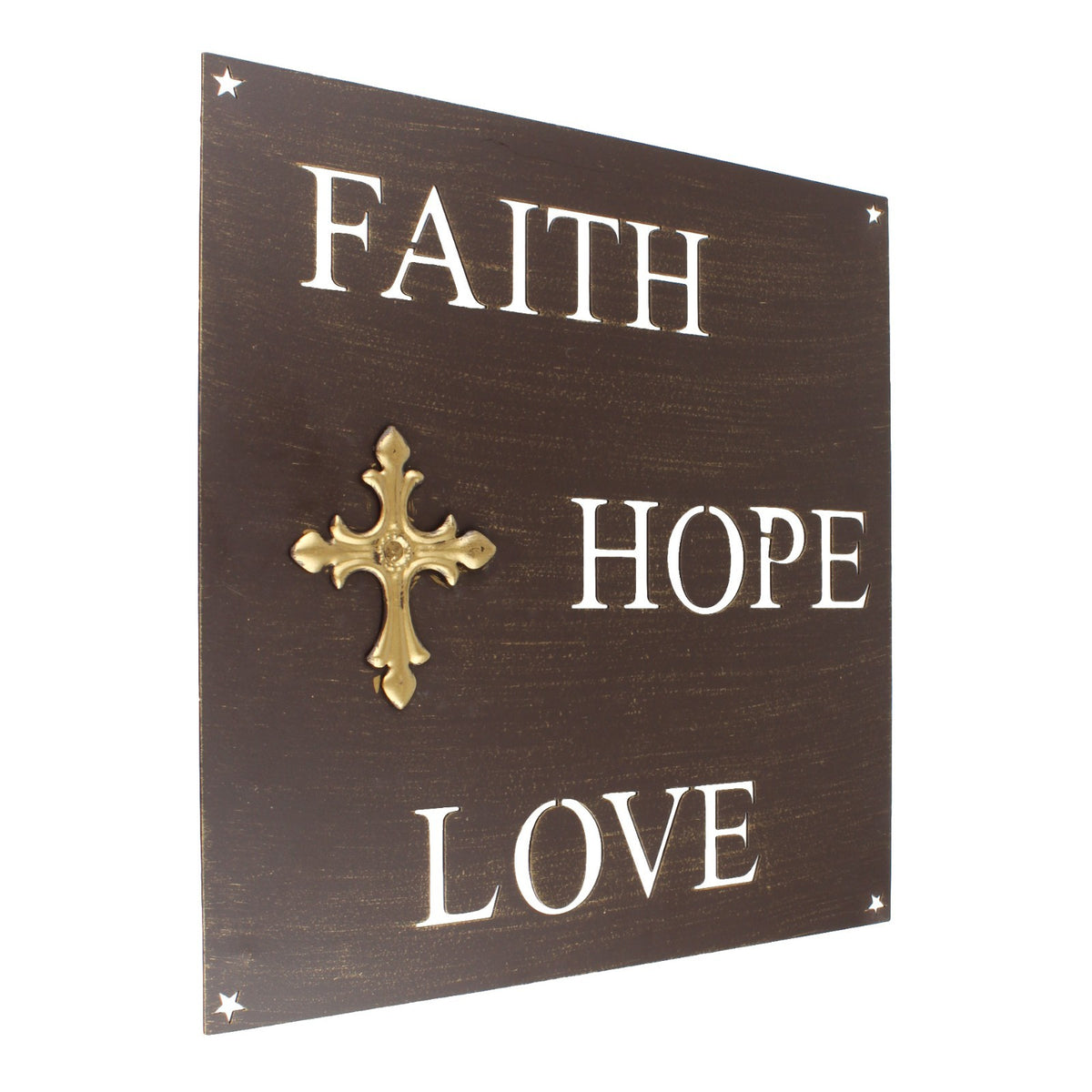 Metal Faith Hope Love Plaque Sign Stars Letter Cutouts Golden Cross 12 x 12 inch