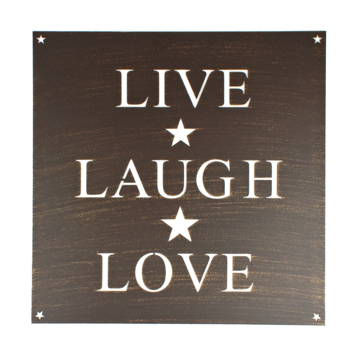 Metal Live Laugh Love Plaque Sign Stars Letter Cutouts Brushed Gold 12 x 12 inch