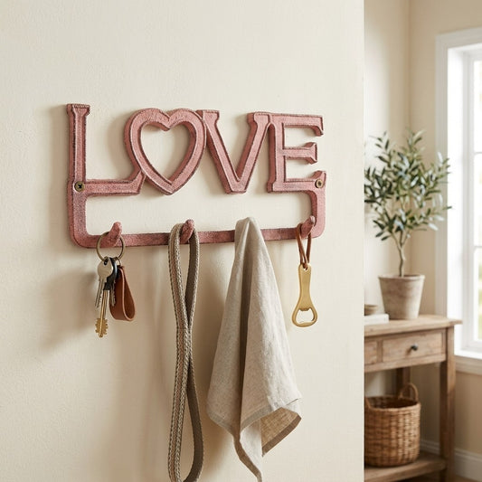 Love Wall Hook Iron Heart Coat Hanger Key Rack Leash Holder Rustic Peachy Pink