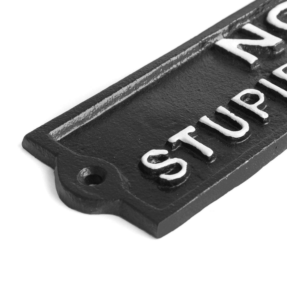 Cast Iron No Stupid People Wall Plaque Sign Heavy Duty Vintage Style Black 8.5"