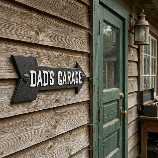 Dad's Garage Cast Iron Arrow Sign Vintage Style Wall Plaque Workshop Decor 8.5"
