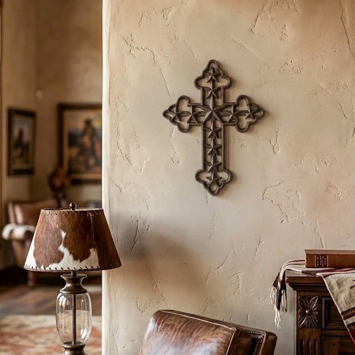 Cast Iron Texas Star Wall Cross Rustic Brown Western Ranch Metal Wall Decor 12"