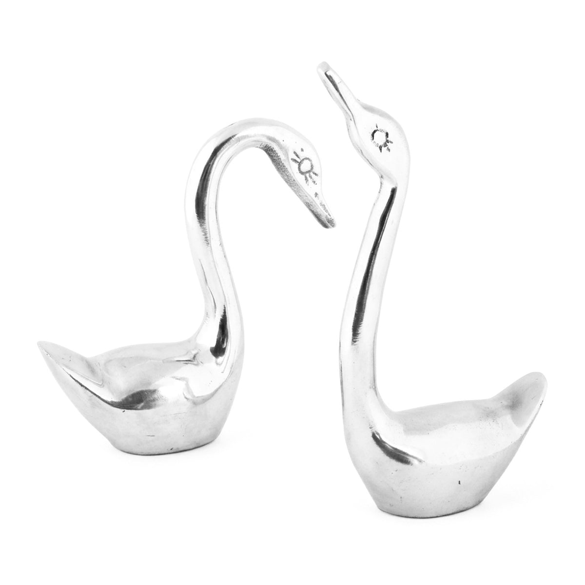 2 Swan Figurines Shelf Sitters Metal Statues Vintage Style Polished Aluminum