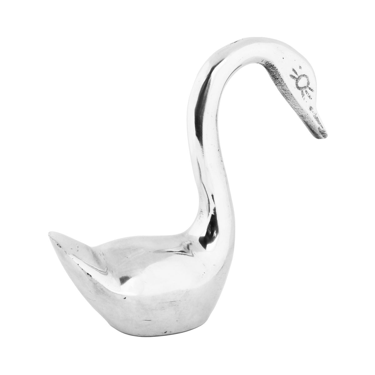 2 Swan Figurines Shelf Sitters Metal Statues Vintage Style Polished Aluminum