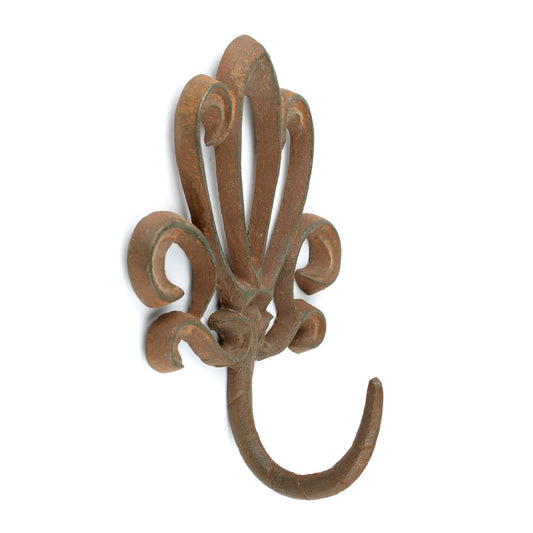 Cast Iron Fleur De Lis Wall Hook Vintage Rust Finish Heavy Duty Coat Hanger 7 in