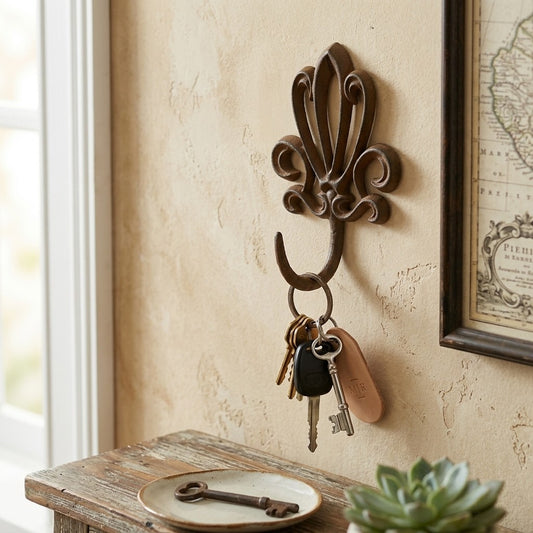 Cast Iron Fleur De Lis Wall Hook Vintage Rust Finish Heavy Duty Coat Hanger 7 in