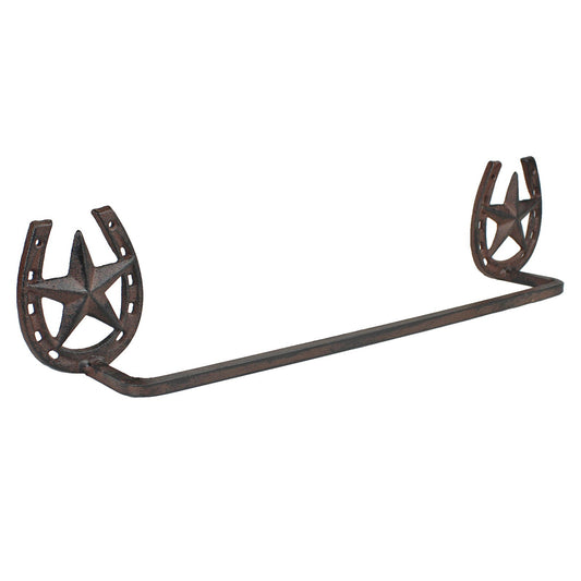 Cast Iron Horseshoe Star Towel Bar Western Rustic Bathroom Decor Wall Mount 21"