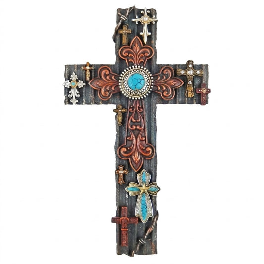 Fleur De Lis Wall Cross Crosses Collage Scrolls Turquoise Rustic Western 16.5 in