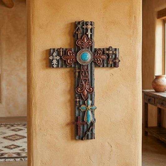 Fleur De Lis Wall Cross Crosses Collage Scrolls Turquoise Rustic Western 16.5 in