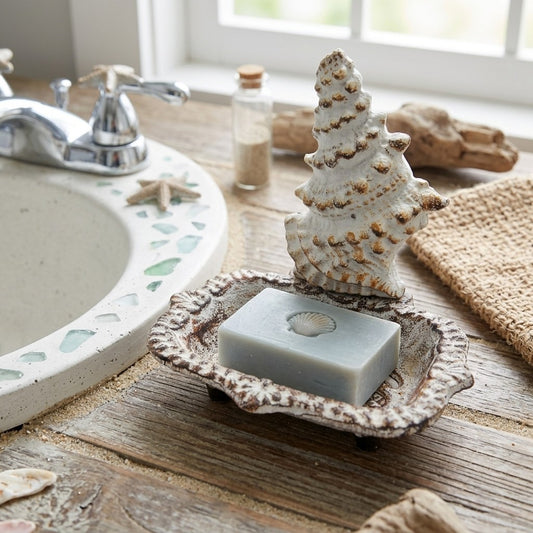 Cast Iron Seashell Soap Dish Ornate Antique Rustic White Beach Coastal Decor