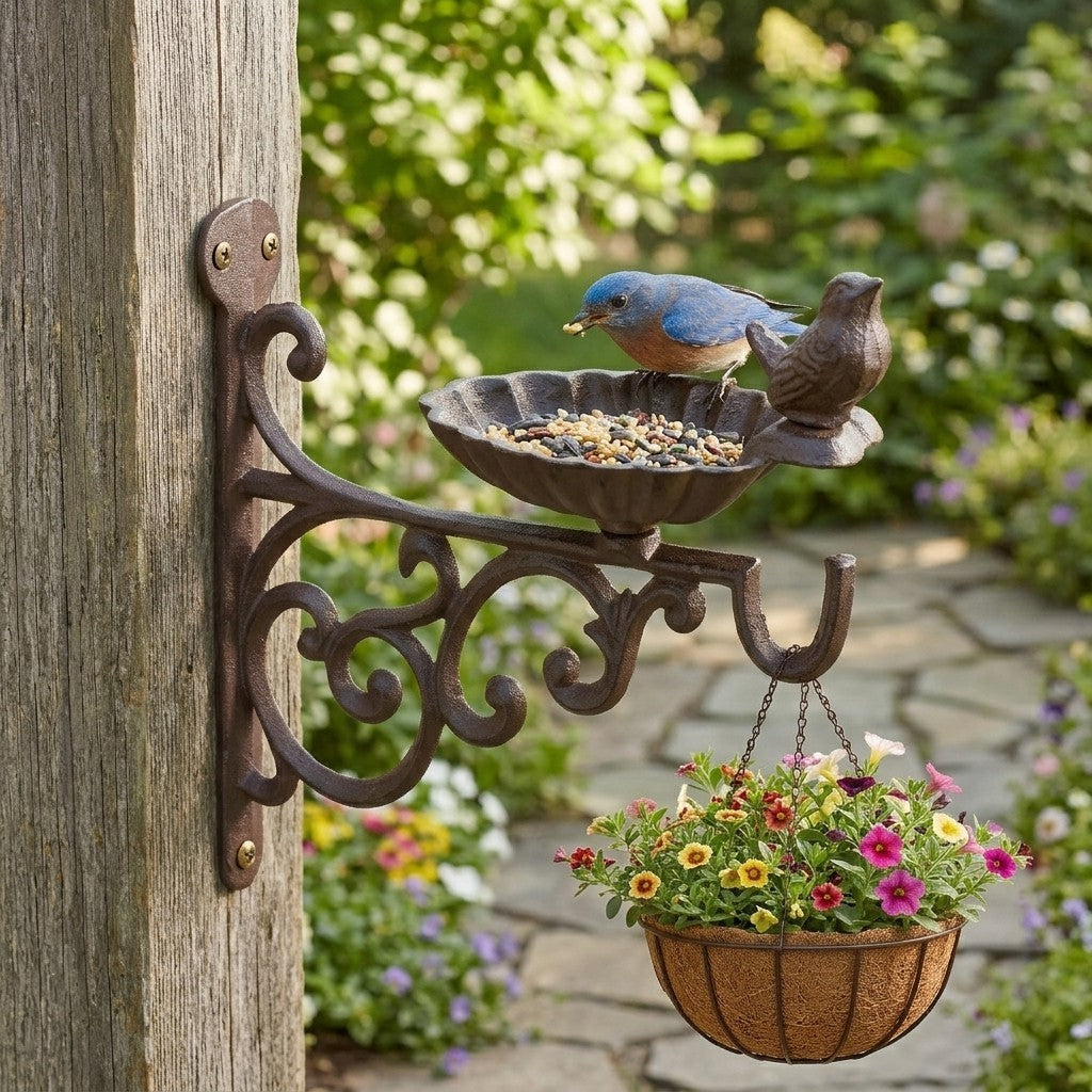 Cast Iron Shell Bird Feeder Wall Bracket Hanging Plant Hook Seed/Bath Dish Brown