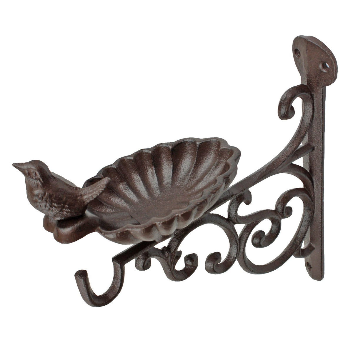 Cast Iron Shell Bird Feeder Wall Bracket Hanging Plant Hook Seed/Bath Dish Brown