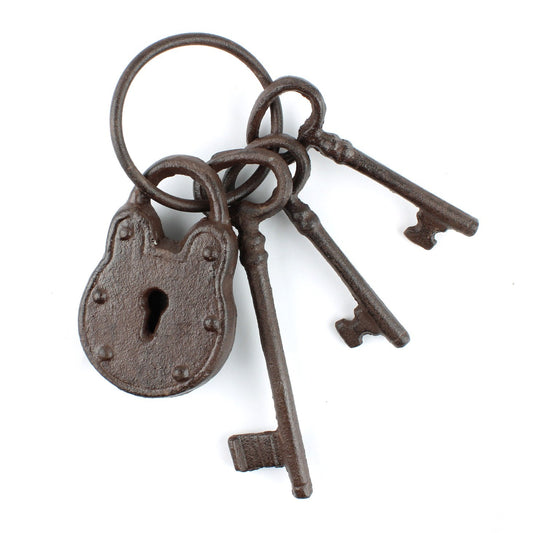 Cast Iron Padlock & Skeleton Keys Ring Vintage Antique Style Jailer Decor Set