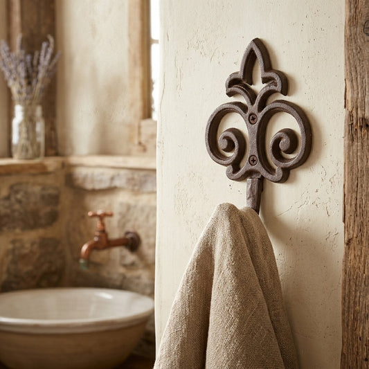 Cast Iron Fleur De Lis Scrolls Wall Hook Key Coat Towel Hanger Decorative 7 inch