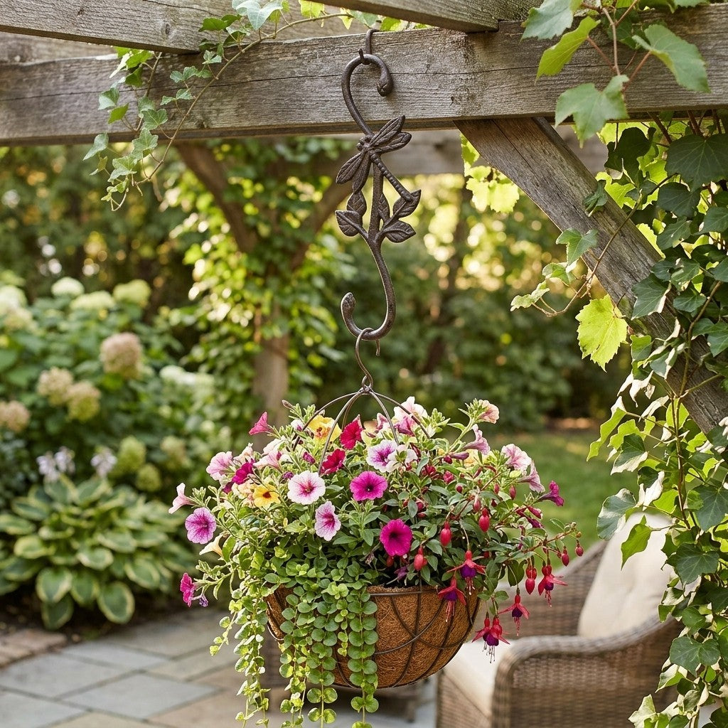 Cast Iron Dragonfly Leaf S Hook Garden Basket Flower Bucket Hanger 11 3/8 inch