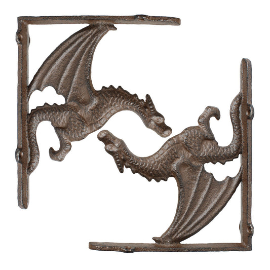 2 Cast Iron Dragon Shelf Brackets Heavy Duty Gothic Rustic Wall Brace 8 x 6 5/8"