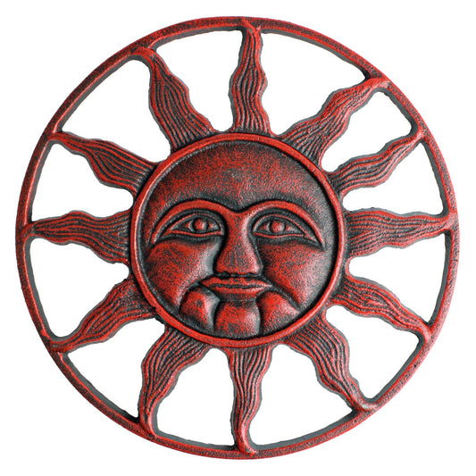 Cast Iron Sun Face Wall Art Plaque Decor Rustic Red Celestial Sunburst 11 3/4 in