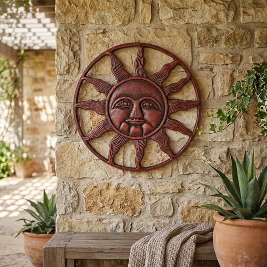 Cast Iron Sun Face Wall Art Plaque Decor Rustic Red Celestial Sunburst 11 3/4 in