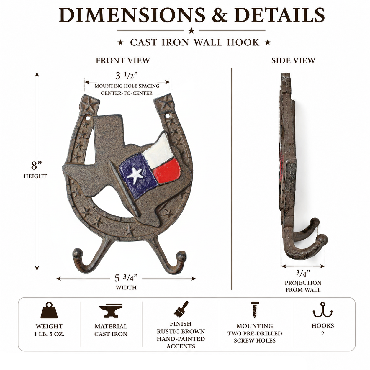 Cast Iron Texas Horseshoe Double Wall Hook Key Towel Coat Hanger Rustic Decor