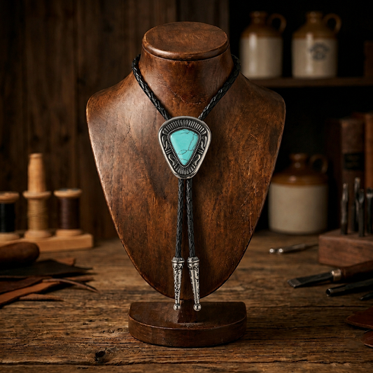 Western Cowboy Turquoise Stone Bolo Tie 40 inch Adjustable Black Leather Cord
