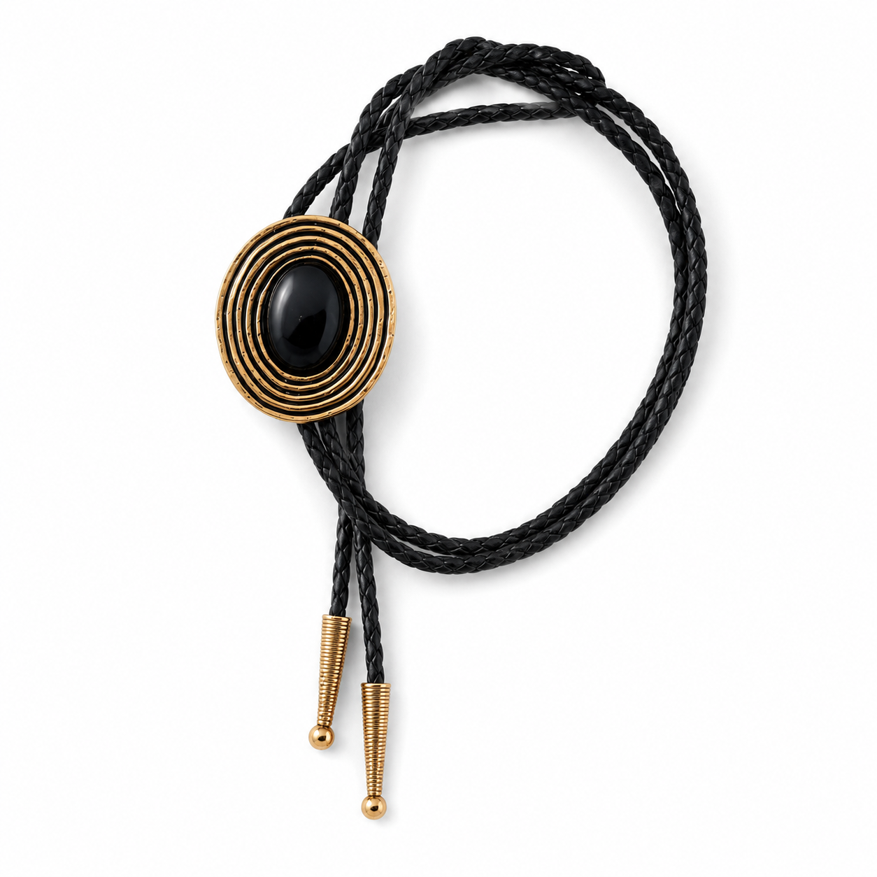 Obsidian Bolo Tie Real Gold Plated 38" Adjustable Leather Cord