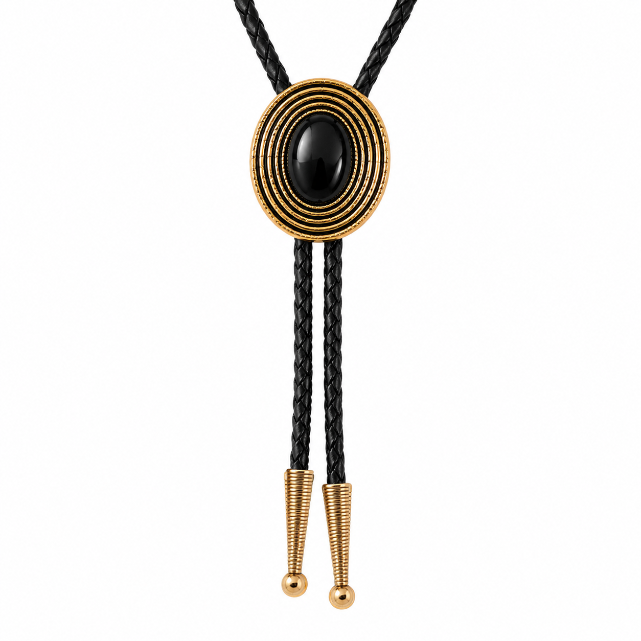 Obsidian Bolo Tie Real Gold Plated 38" Adjustable Leather Cord