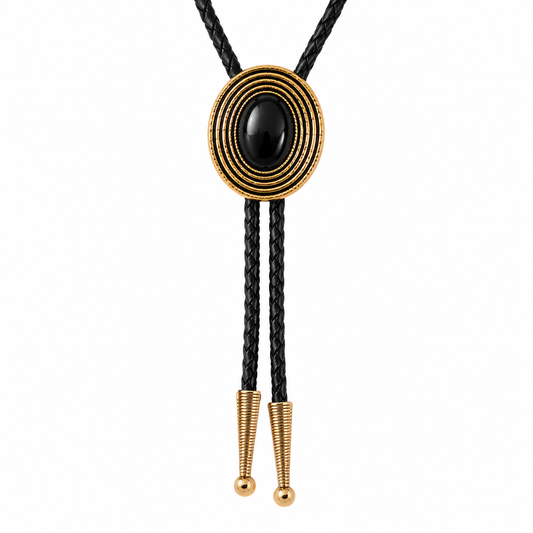 Obsidian Bolo Tie Real Gold Plated 38" Adjustable Leather Cord