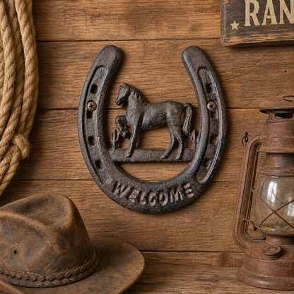 Rustic Cast Iron Lucky Horseshoe Horse Welcome Wall Decor Sign 7.25 x 6.5 inch