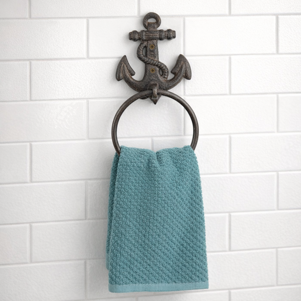 Anchor Towel Ring Hanger Cast Iron Rustic Nautical Beach Decor Brown